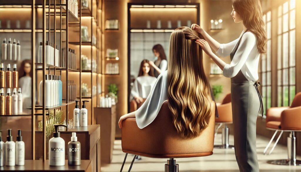 Professionele salonsetting waar een kapper een Botox haar behandeling aanbrengt op het lange, glanzende haar van een klant. De moderne salon heeft warme verlichting, een grote spiegel en haarverzorgingsproducten op de achtergrond.